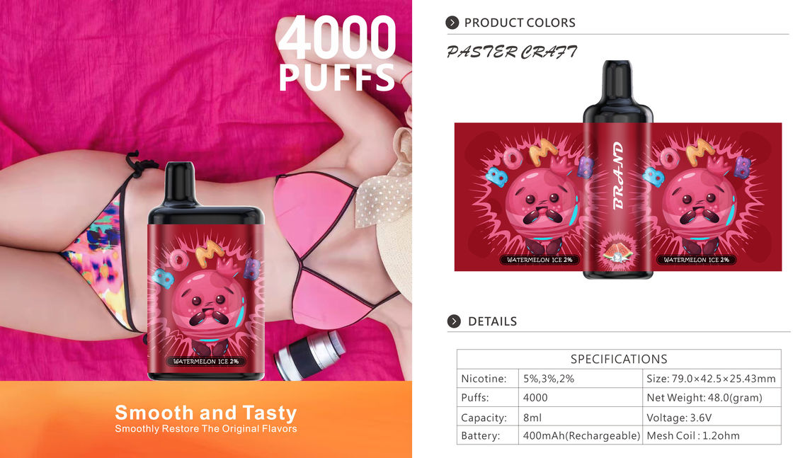 Electronic 4000 Puff Vape 8ML 400Mah Rechargeable With 2% 3% 5% Nic Salt