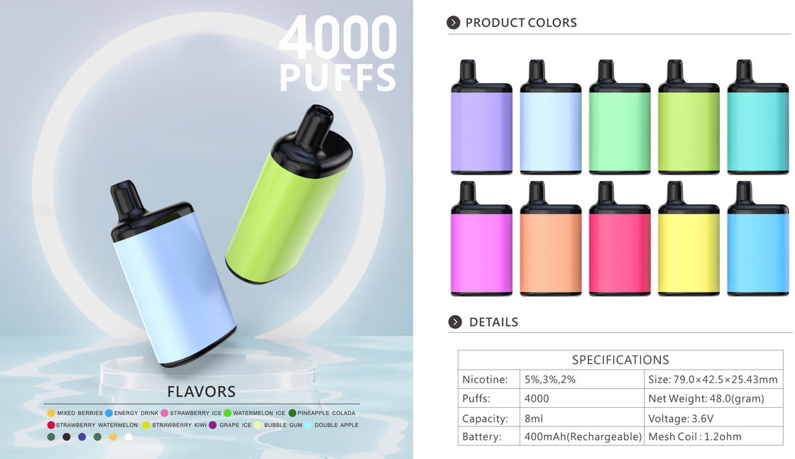 Electronic 4000 Puff Vape 8ML 400Mah Rechargeable With 2% 3% 5% Nic Salt